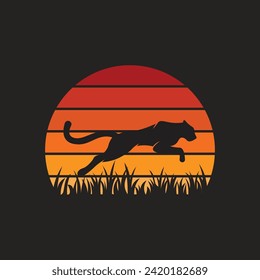 Silhouette of the Jaguar Leopard Puma Lion Panther Cheetah Tiger of jumping logo design at sunset