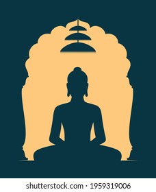 Silhouette of Jain Tirthankara Lord Vardhamana Mahavira a Conceptual Minimalist Vector Graphic Art with Indian Traditional Decorative Arch, Mahaveer sitting in meditative posture for Janma Kalyanak.