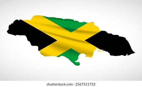 Silhouette of Jamaica map filled with the Jamaican flag design, symbolizing national pride, cultural heritage, and geographic identity.  
