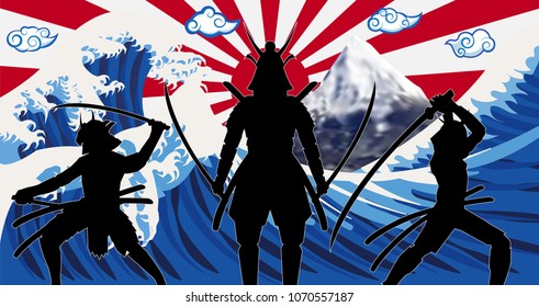 Silhouette Japan Samurai With Wave Rising Sun Flag