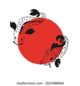 Silhouette of Japanese Carp Koi on the Red Round. Asian Traditional Symbol with Decorative Fishes. For postcards, posters, invitations, posters menu. Stock vector illustration.