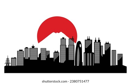 Silhouette of a Japanese city with mountains and the sun,