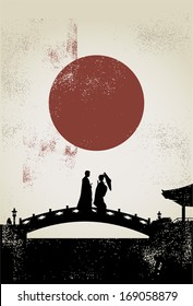 Silhouette of Japanese couple on the bridge, vector