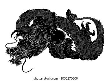 Silhouette Japanese Dragon.Dragon with hand hold the ball.
