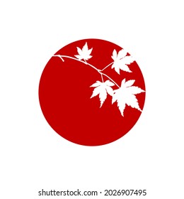 Silhouette of japanese maple branch with leaves in red circle. Card template design. Vector illustration.