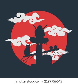 silhouette Japanese ninja cat illustration vector