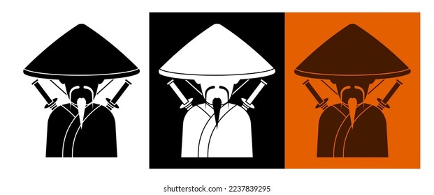 Silhouette of Japanese samurai with beard in national straw hat. Ancient warrior in traditional dress with swords behind his back. Cartoon character. Vector isolated on white background