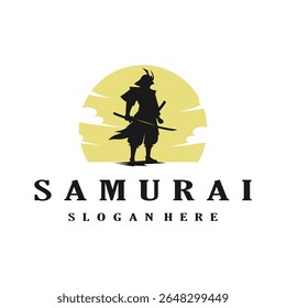 Silhouette of Japanese Samurai, Sunset Japan Warrior with Katana Sword logo design vector