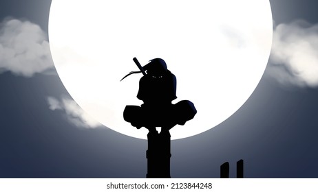 Silhouette of Japanese Samurai Vector Illustration, Moon 4K EPS10 design nigh sky, clouds shadow ninja design vector illustration