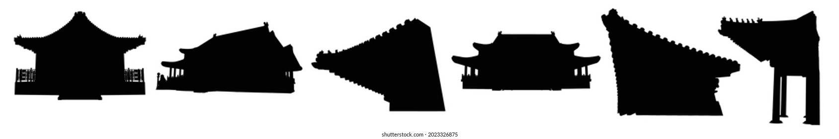 Silhouette of Japanese shrine or temple and Chinese Buddhist monastery. Traditional house of worship. Classic Asian religious buildings and landmarks. Cultural and spiritual architecture. Vector.