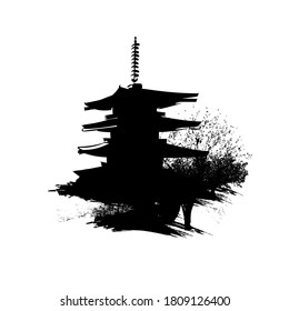 Silhouette of Japanese Temple. Black and white illustration. Vector.