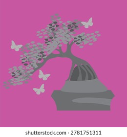 silhouette of japanese trees vector feat butterfly with pink background
