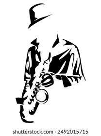 Silhouette of jazz man playing the saxophone. musicians and man with trumpet. Vector Style