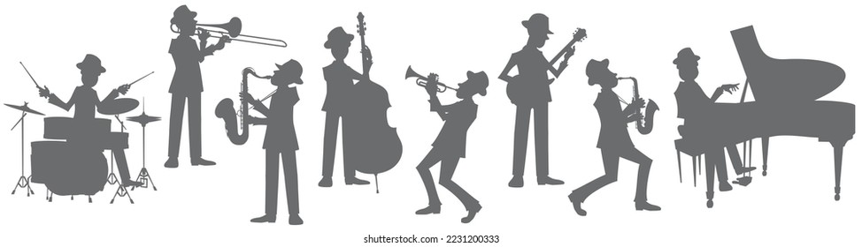 Silhouette of jazz musicians on on white background. Vector illustration in flat cartoon style.