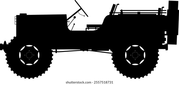 Silhouette of a Jeep black vector on transparent background, simple minimal silhouette of a jeep