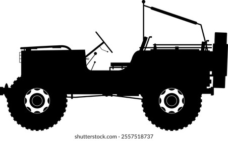 Silhouette of a Jeep black vector on transparent background, simple minimal silhouette of a jeep