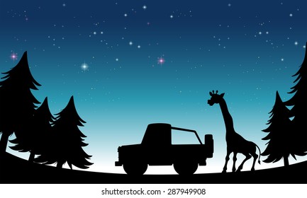 Silhouette jeep and giraffe at night time