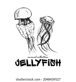 Silhouette of a jellyfish. The head and body of a jellyfish. A sketch of a wild animal of the ocean. Fish of the ocean. Marine animal. Ink drawing