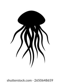 The silhouette of a jellyfish is isolated on a white background, vector illustration of marine life, flat design. Minimalistic graphic drawing of an underwater creature, an ocean wild animal