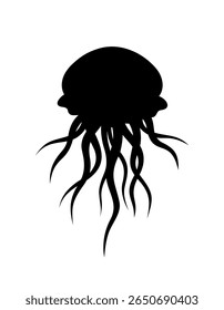 The silhouette of a jellyfish is isolated on a white background, vector illustration of marine life, flat design. Minimalistic abstract graphic drawing of an underwater creature, an ocean wild animal