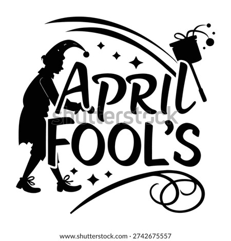 Silhouette of jester holding gift box with April Fools text in april fool's day black and white