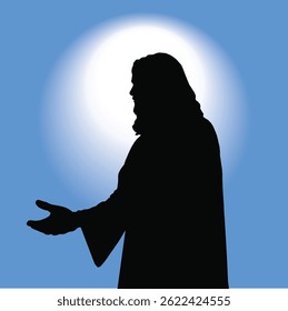 Silhouette of Jesus Christ with Halo on Blue Background - Spiritual Christian Illustration