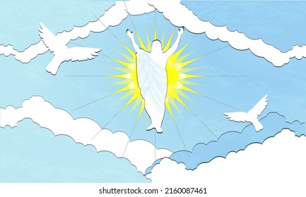 Silhouette of Jesus Christ in heaven. Doves and halo. Banner. Copy space. Christian Easter. Faith in Jesus Christ. Christianity. Church worship, salvation concept. Holy week. Ascension day. Paper art.