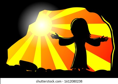 Silhouette of Jesus Christ risen coming out from sepulchre or tomb walking into the light. Life of Jesus