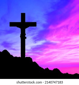 Silhouette of jesus christ with wanderful sky.Elegant Holly week design. Ascension Day of Jesus Christ background. Beautiful sunset background vector.