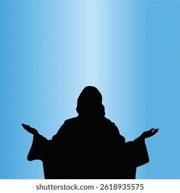 Silhouette of Jesus with Open Arms on Blue Sky Background