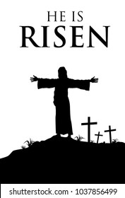 Silhouette of Jesus with text He is risen, Vector