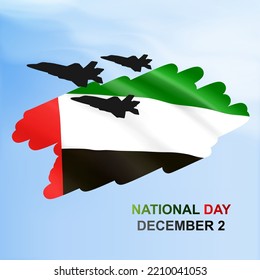 Silhouette of jet fighters on the background of the UAE flag. National holidays concept design. EPS10 vector