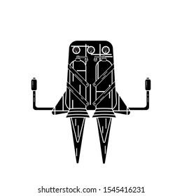 Silhouette of jetpack isolated on a white background with fire escaping from its pipes.
