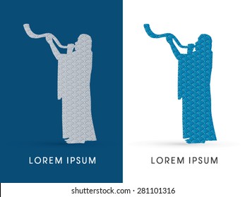 Silhouette, Jew blowing the shofar , designed using water wave, graphic vector.