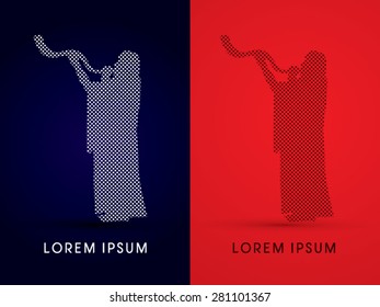 Silhouette, Jew blowing the shofar , designed using square dot, graphic vector.