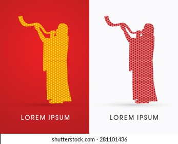 Silhouette, Jew blowing the shofar , designed using hexagon honeycomb pattern, graphic vector.