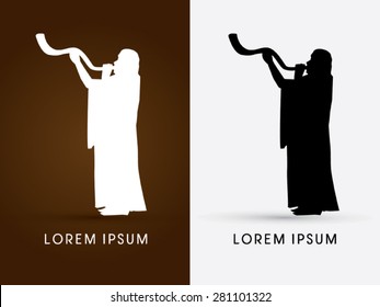 Silhouette, Jew blowing the shofar , graphic vector.