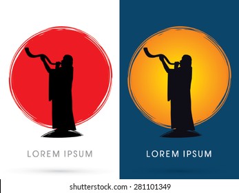 Silhouette, Jew Blowing The Shofar , On The Sun And The Moon Background, Graphic Vector.