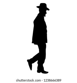 Silhouette of a Jew in a hat. Chassid is coming. Orthodoxy is a Jew. Isolated vector illustration. Isolated background. Black on white.