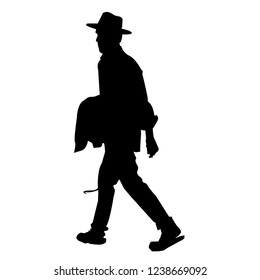 Silhouette of a Jew in a hat. Hasid carries clothes. Orthodoxy is a Jew. Isolated vector illustration. Isolated background. Black on white.