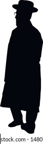 Silhouette of a Jew. Jew in a hat. Religious Jews in a traditional costume. Hasid with sidelocks in a long frock coat. Isolated vector illustration. Black on white.