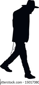 Silhouette of a Jew with his head bowed. Hasid is a religious Jew in traditional clothing. The man in the hat. Jew in tzitzit and talit katan. Isolated vector illustration. Black on white.