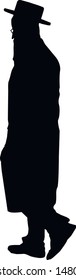 Silhouette of a jew man. Religious Jew in a traditional costume. Hasid with sidelocks. A man in a hat and a long coat. Isolated vector illustration. Black on white.