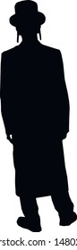 Silhouette of a jew man. The man is waiting. Religious Jew in a traditional costume. Hasid with sidelocks. A man in a hat and a long coat. Isolated vector illustration. Black on white.