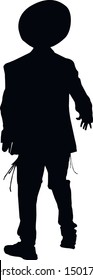 Silhouette of a Jew with a raised hand. Hasid is a religious Jew in traditional clothing. The man in the hat. Jew in tzitzit and talit katan. Isolated vector illustration. Black on white.