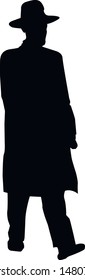 Silhouette of a Jew. Running man in a hat. Religious Jews in a traditional costume. Hasid with sidelocks in a long frock coat. Isolated vector illustration. Black on white.