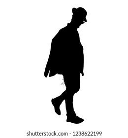 Silhouette of a jew in tallit katan. Young Hasid. Orthodoxy is a Jew. Isolated vector illustration. Isolated background. Black on white.