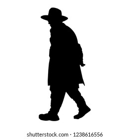 Silhouette of a Jew in Yere Malka. Young Hasid. Orthodoxy is a Jew. Isolated vector illustration. Isolated background. Black on white.