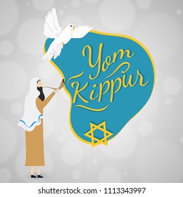 Silhouette of jewish man blowing shofar horn and flying pigeon with star of David on blur background for Yom Kippur banner or poster design.