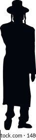 Silhouette of a Jewish man in a hat and a long coat. Religious Jew in a traditional costume. Hasid. Isolated vector illustration.